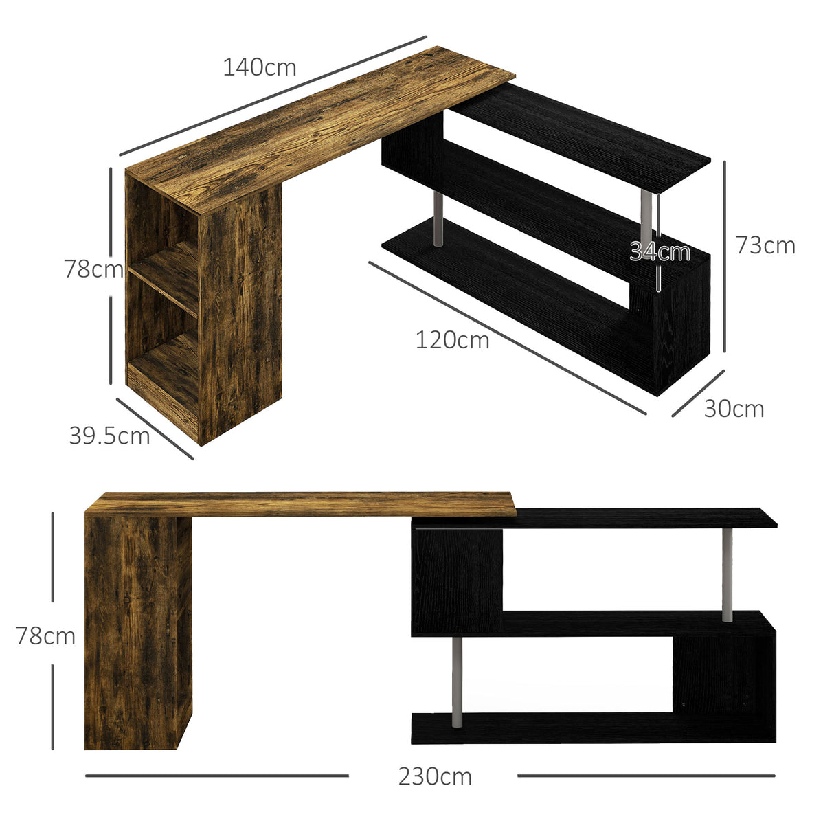 easycomfort easycomfort scrivania angolare salvaspazio con ripiano a s in legno 140x120x78 cm color marrone e nero