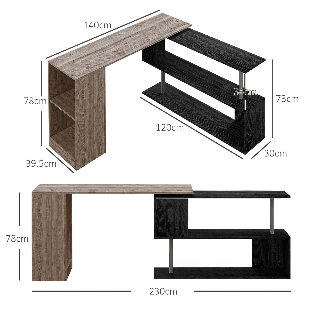 easycomfort easycomfort scrivania angolare salvaspazio con ripiano a s in legno 140x120x78 cm grigio effetto legno