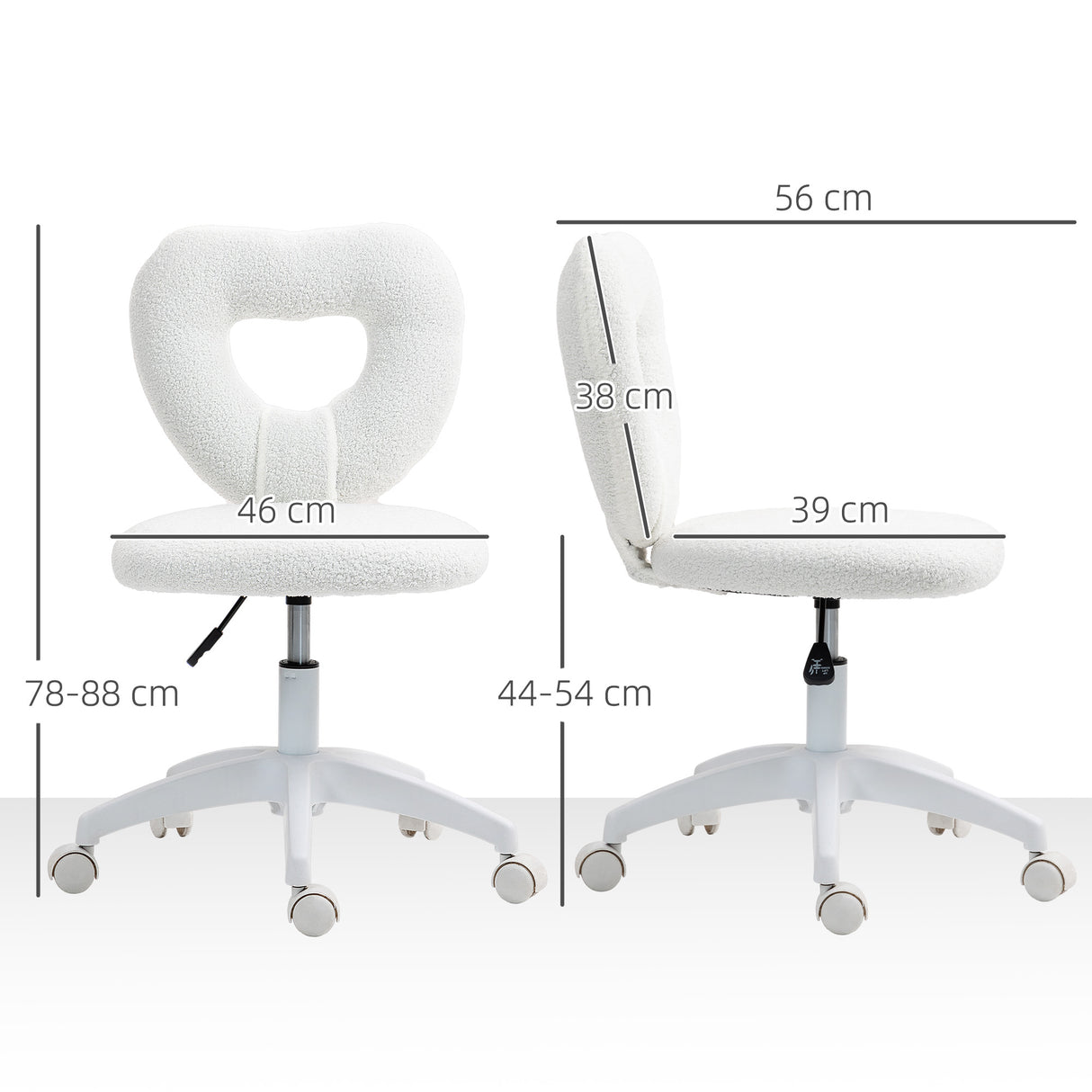 easycomfort easycomfort sedia da ufficio imbottita con schienale a cuore e rotelle in velluto teddy e plastica 45x56x78 88 cm bianco