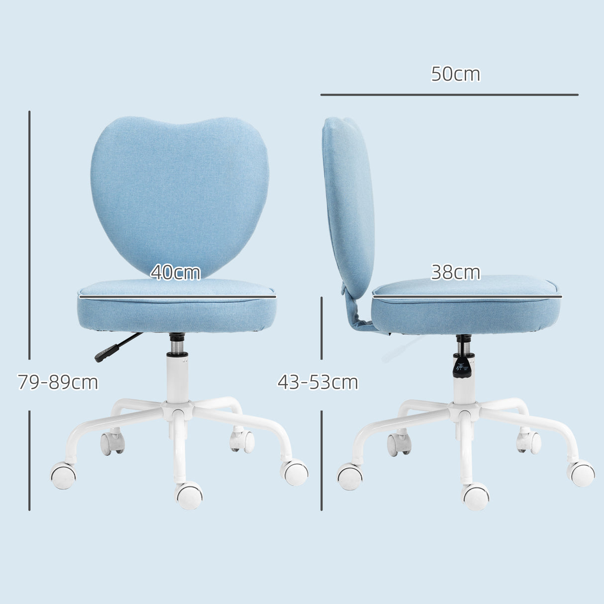 easycomfort easycomfort sedia per scrivania a cuore con 5 rotelle e altezza regolabile in tessuto 40x50x79 89cm azzurro