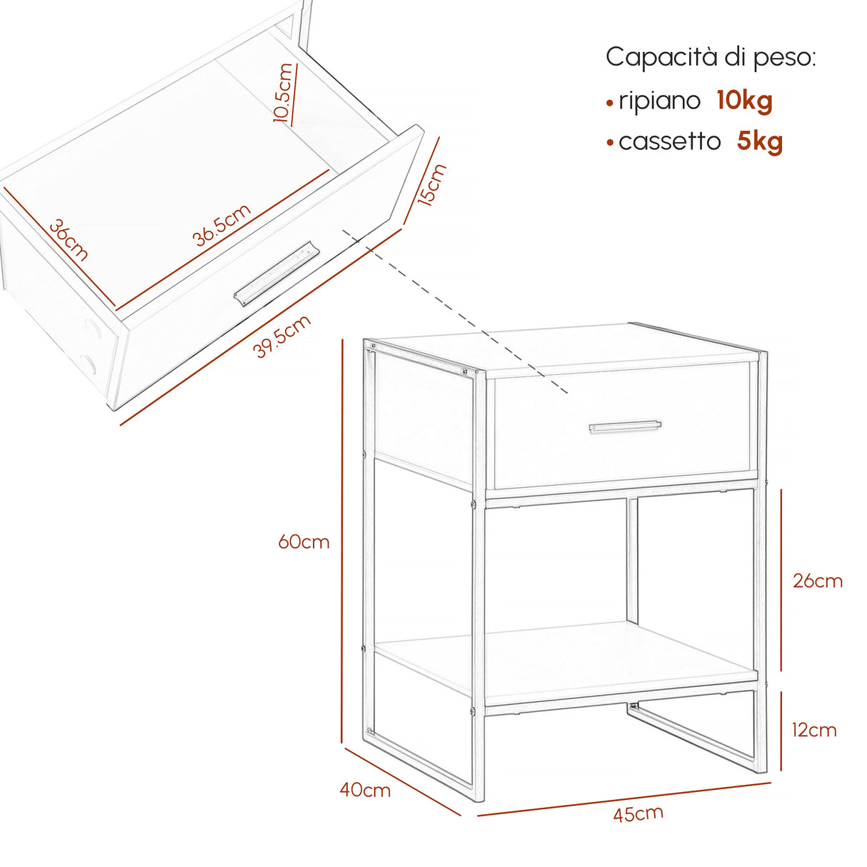 easycomfort easycomfort set 2 comodini moderni con cassetto e ripiano aperto in mdf e acciaio 45x40x60cm bianco e oro