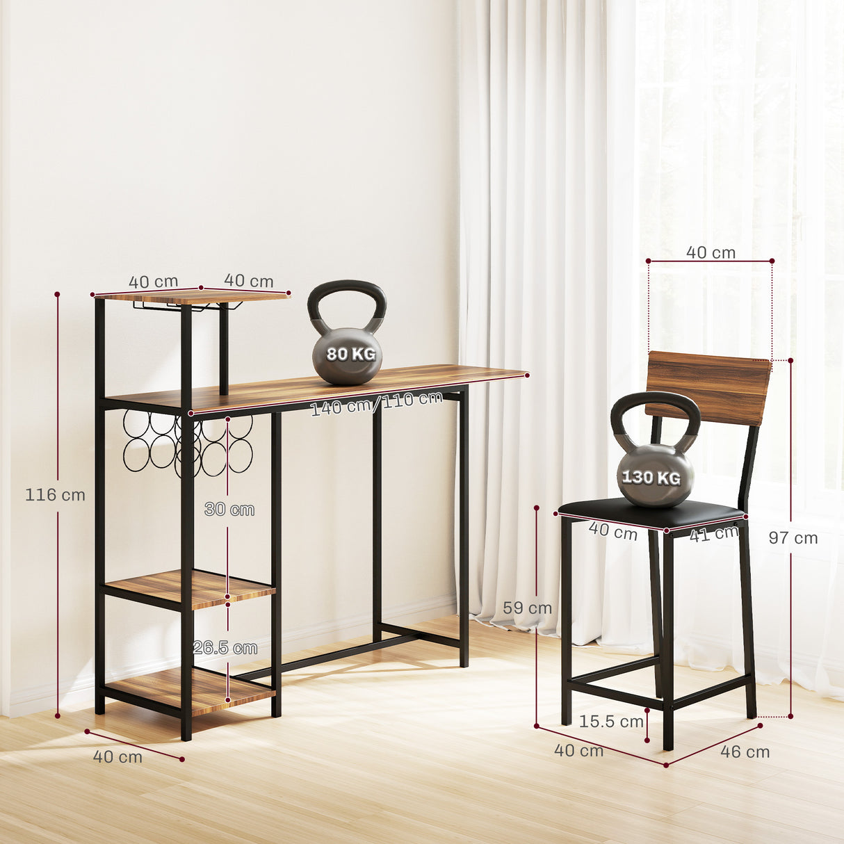 easycomfort easycomfort set bancone bar pieghevole e 2 sgabelli alti con schienale portavini e portacalici marrone