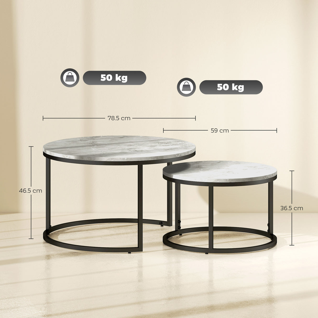 easycomfort easycomfort set da 2 tavolini da caffe sovrapponibili rotondi in metallo e mdf effetto marmo grigio e nero