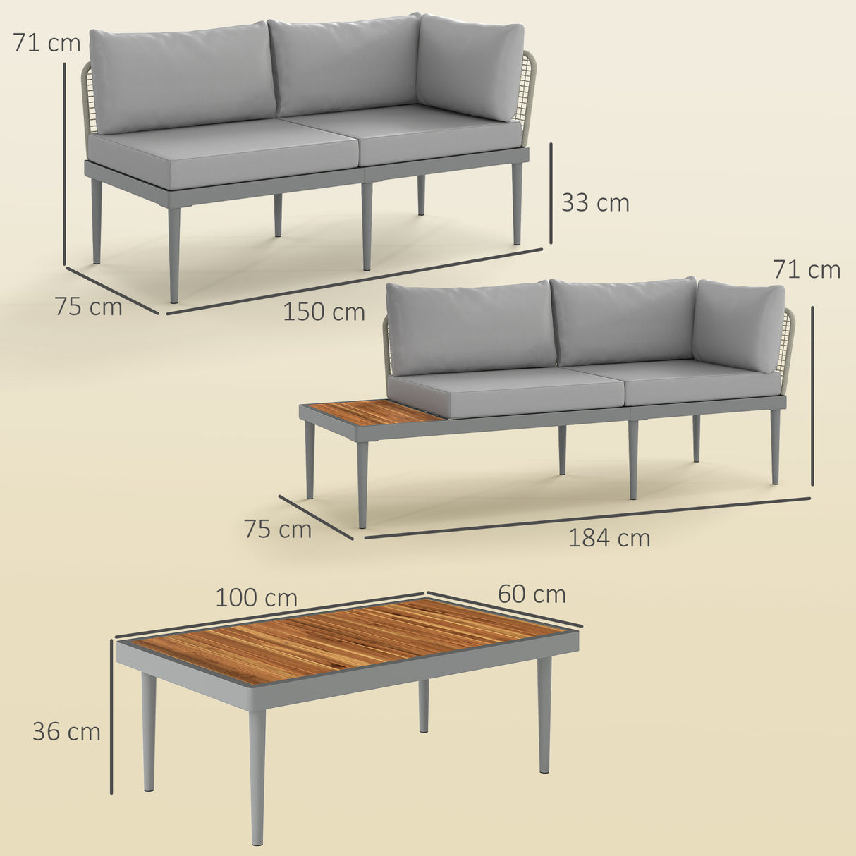 easycomfort easycomfort set da esterno 3 pezzi con 2 divanetti 2 posti e tavolino basso in rattan e acciaio grigio e color legno