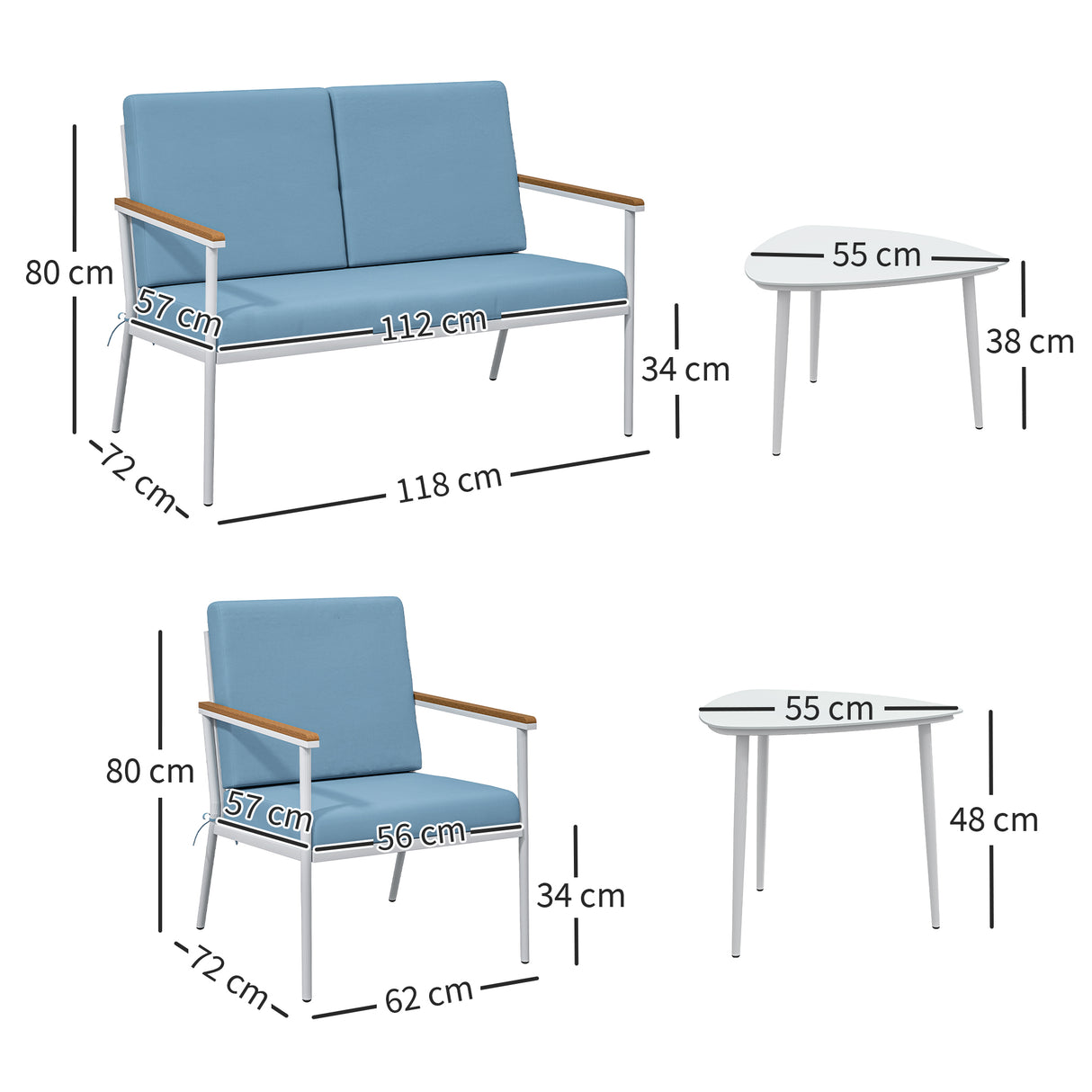 easycomfort easycomfort set da esterno con divano 2 posti 2 poltrone e 2 tavolini da caffe in vetro azzurro