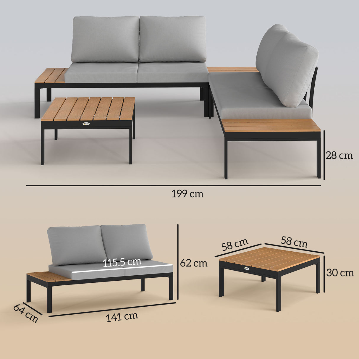 easycomfort easycomfort set da giardino 4 pezzi con 2 divanetti 2 posti e 2 tavolini in metallo e legno composito grigio nero e teak