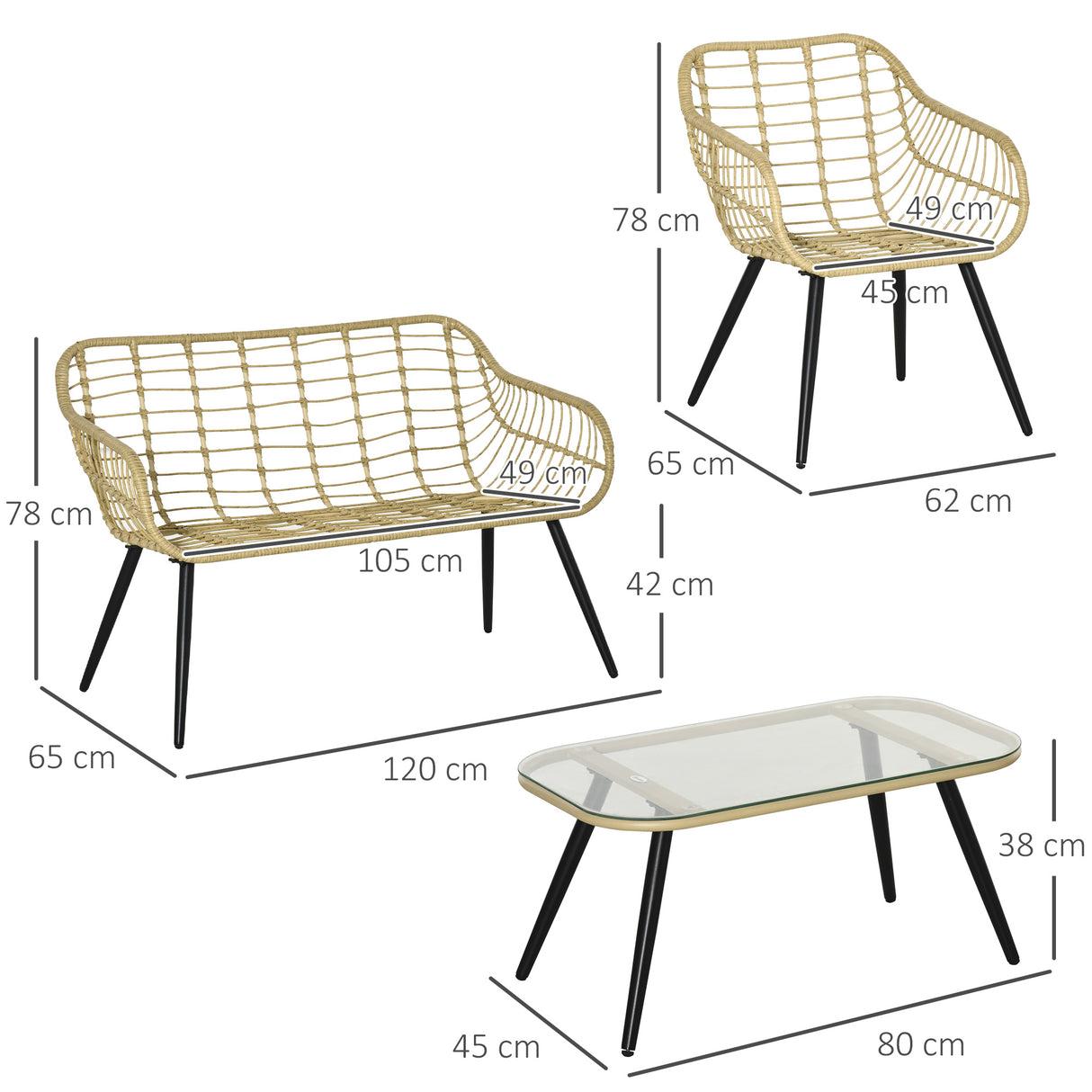 easycomfort easycomfort set da giardino 4 pezzi con 2 sedie da giardino divanetto 2 posti e tavolino basso naturale e crema