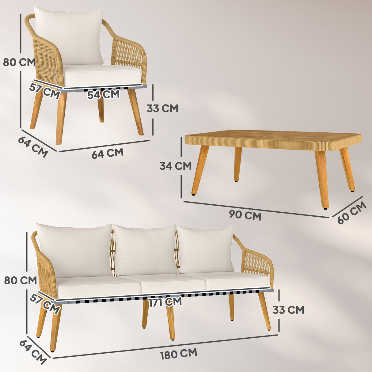 easycomfort easycomfort set da giardino 4 pezzi con divano 3 posti 2 poltrone e tavolino basso in rattan pe e acciaio multicolore