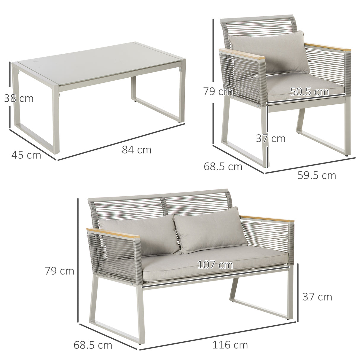easycomfort easycomfort set da giardino 4 pezzi in rattan pe con 2 poltrone divanetto e tavolino da caffe in vetro temperato grigio