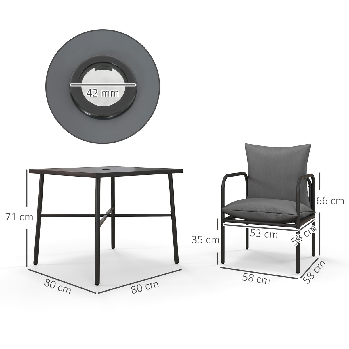 easycomfort easycomfort set da giardino 5 pezzi in acciaio con 4 sedie 58x58x66 cm e tavolo 80x80x71 cm con foro centrale grigio