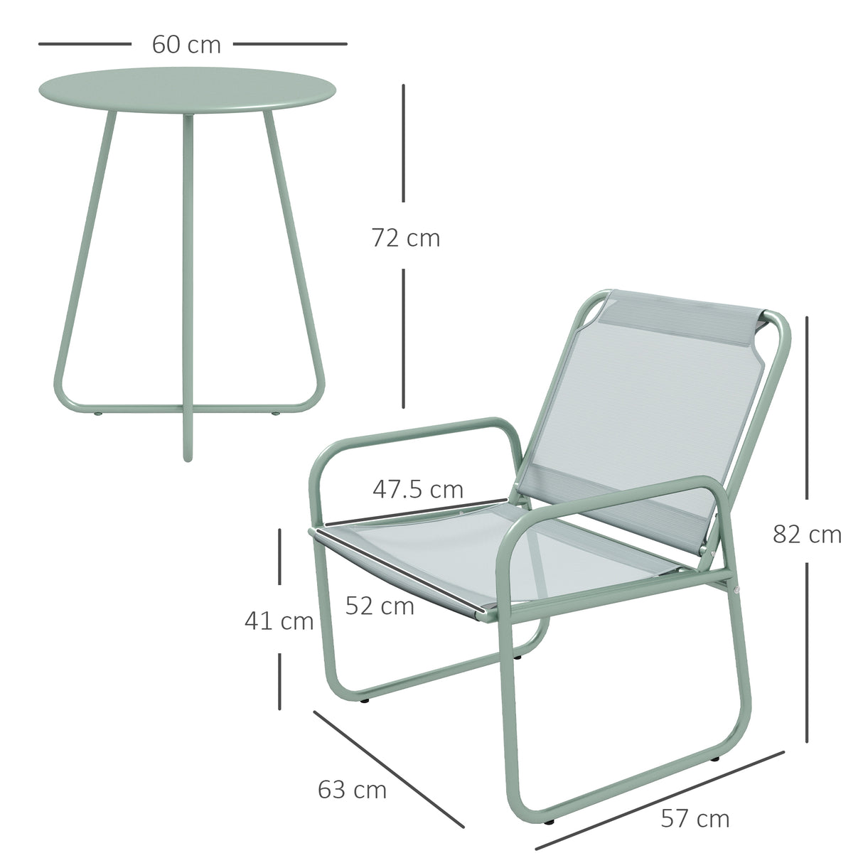 easycomfort easycomfort set da giardino con tavolo rotondo e 2 sedie in acciaio e tessuto a rete traspirante verde