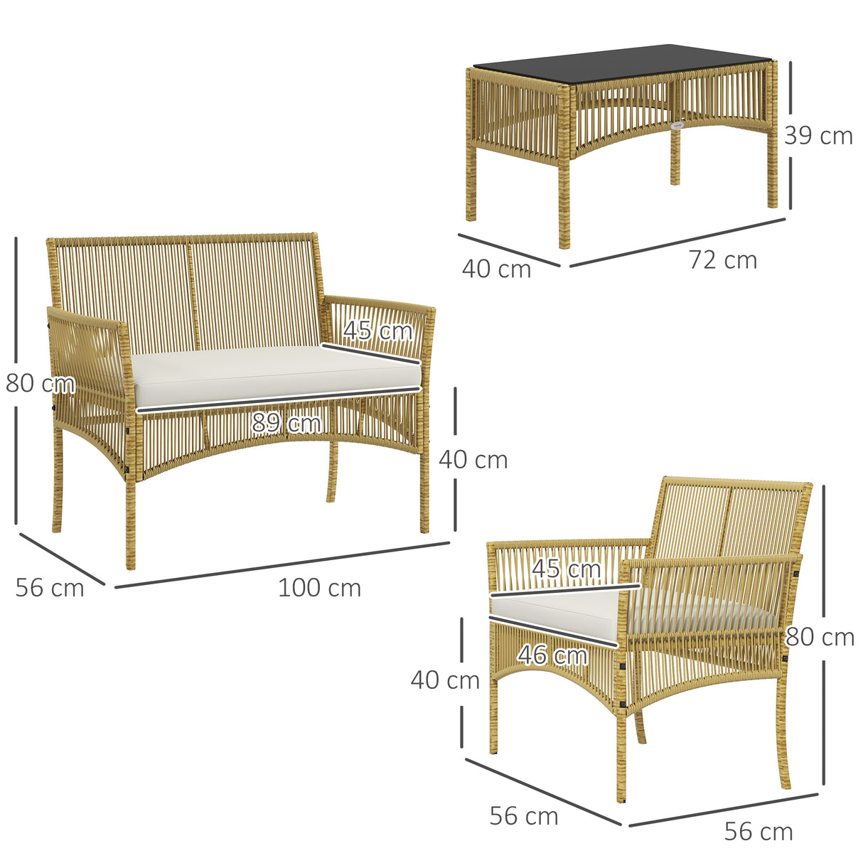 easycomfort easycomfort set da giardino in rattan da 4 pezzi con 2 poltroncine divano e tavolino da caffe naturale e nero