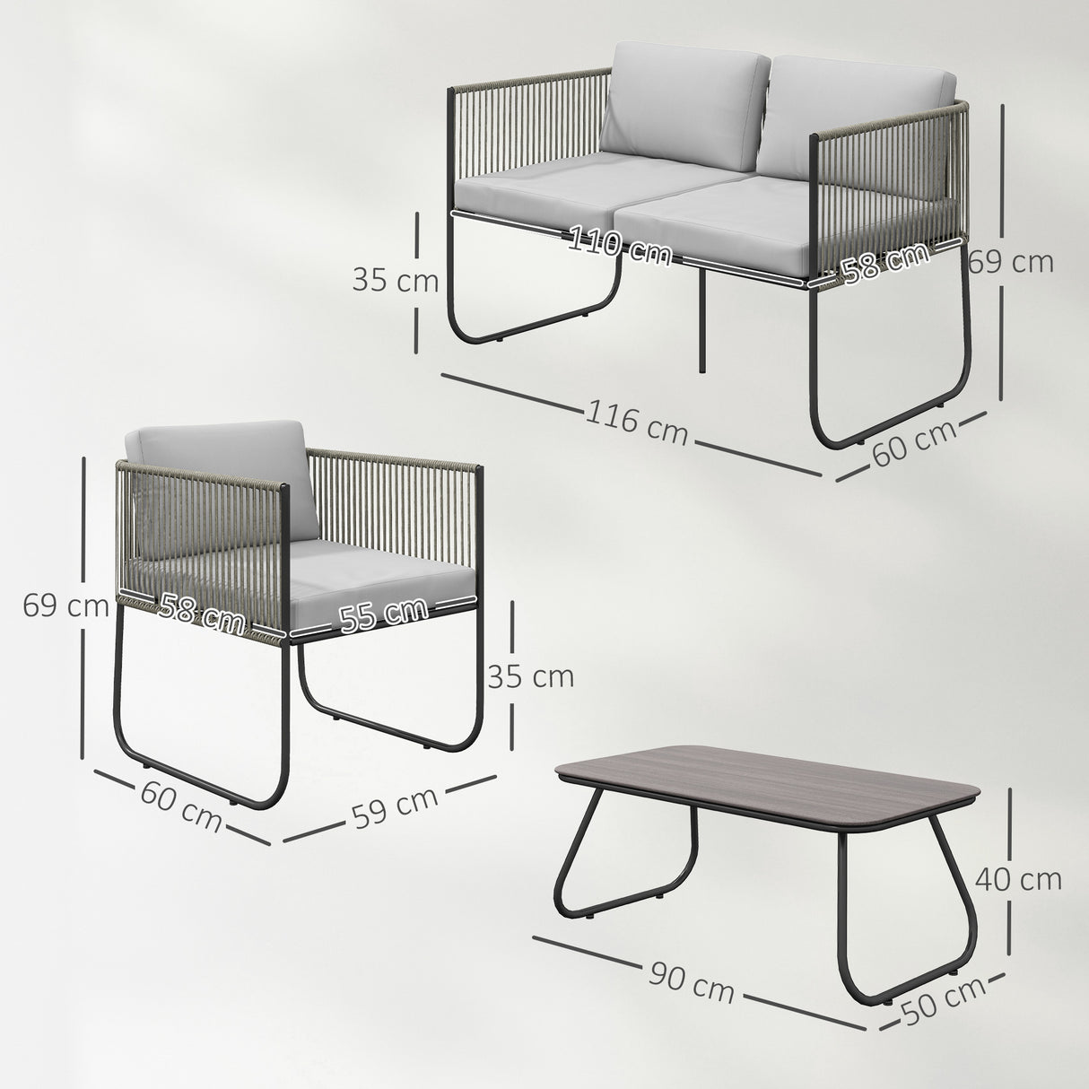 easycomfort easycomfort set da giardino rattan con divanetto 2 posti 2 poltrone e tavolino in vetro cuscini sfoderabili grigio