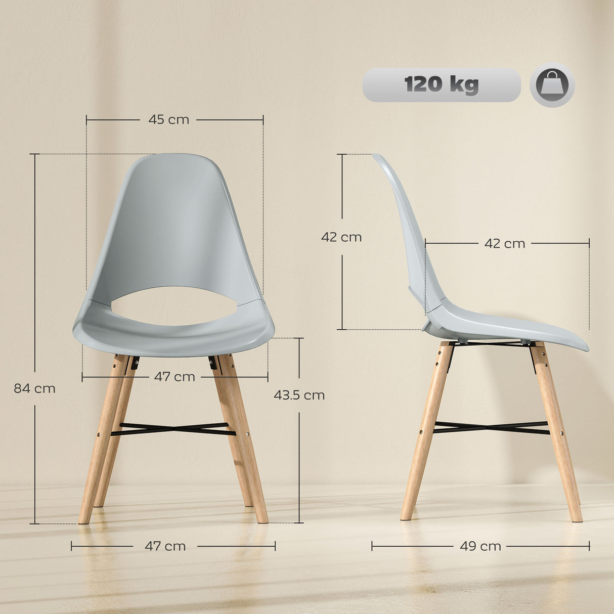 easycomfort easycomfort set di 2 sedie da pranzo in plastica e legno stile nordico con schienale curvato grigio