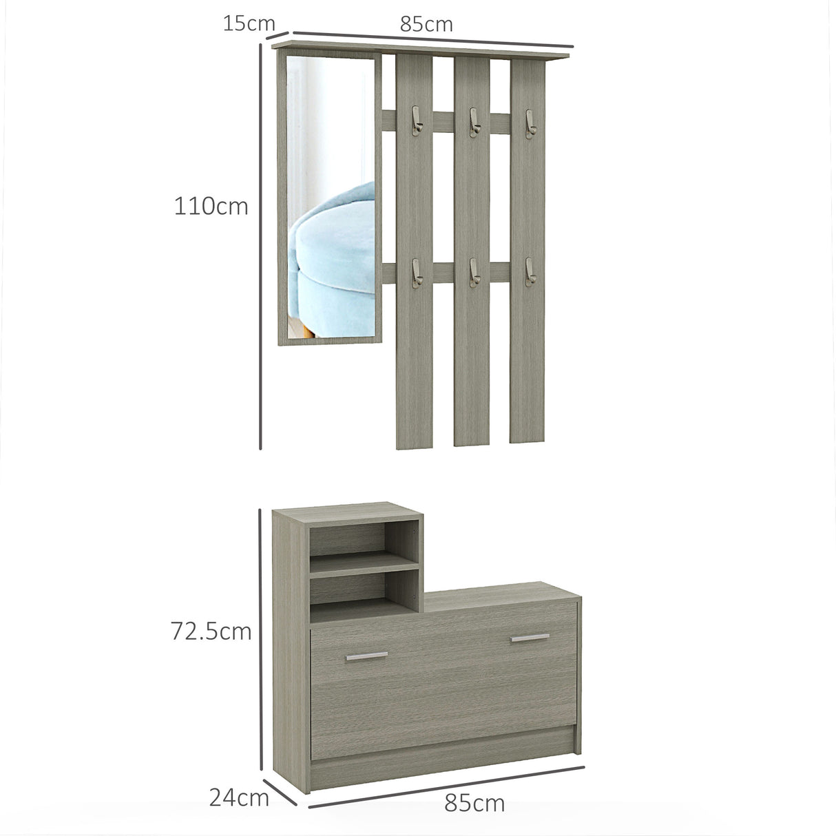 easycomfort easycomfort set mobili da ingresso con appendiabiti specchio panca con scaffale e scarpiera per 8 paia di scarpe grigio