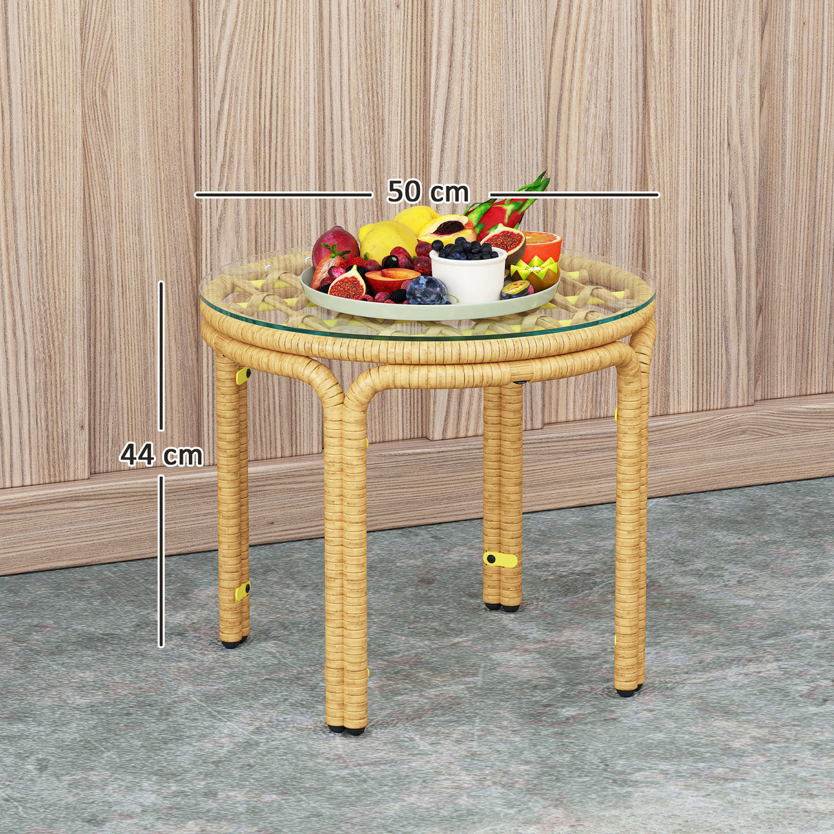 easycomfort easycomfort tavolino da giardino in rattan e vetro rotondo in stile boho chic 50x44 cm giallo