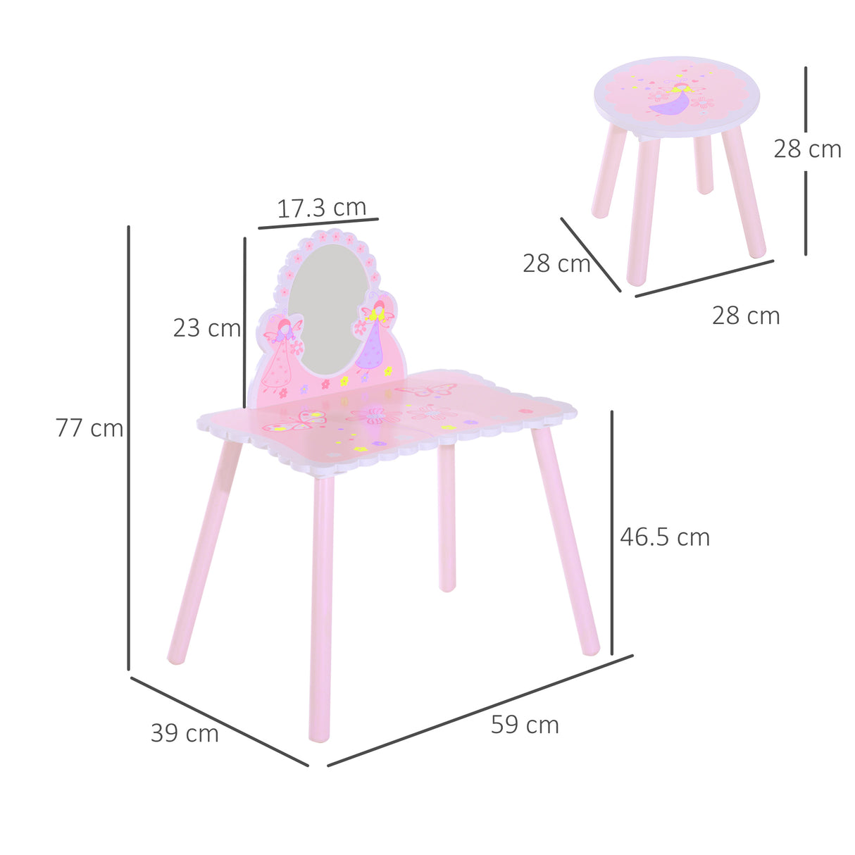 easycomfort easycomfort toeletta per bambini con sgabello in legno tavolo trucco con specchio moderno e cassetto 59l x 39p x 77a cm rosa