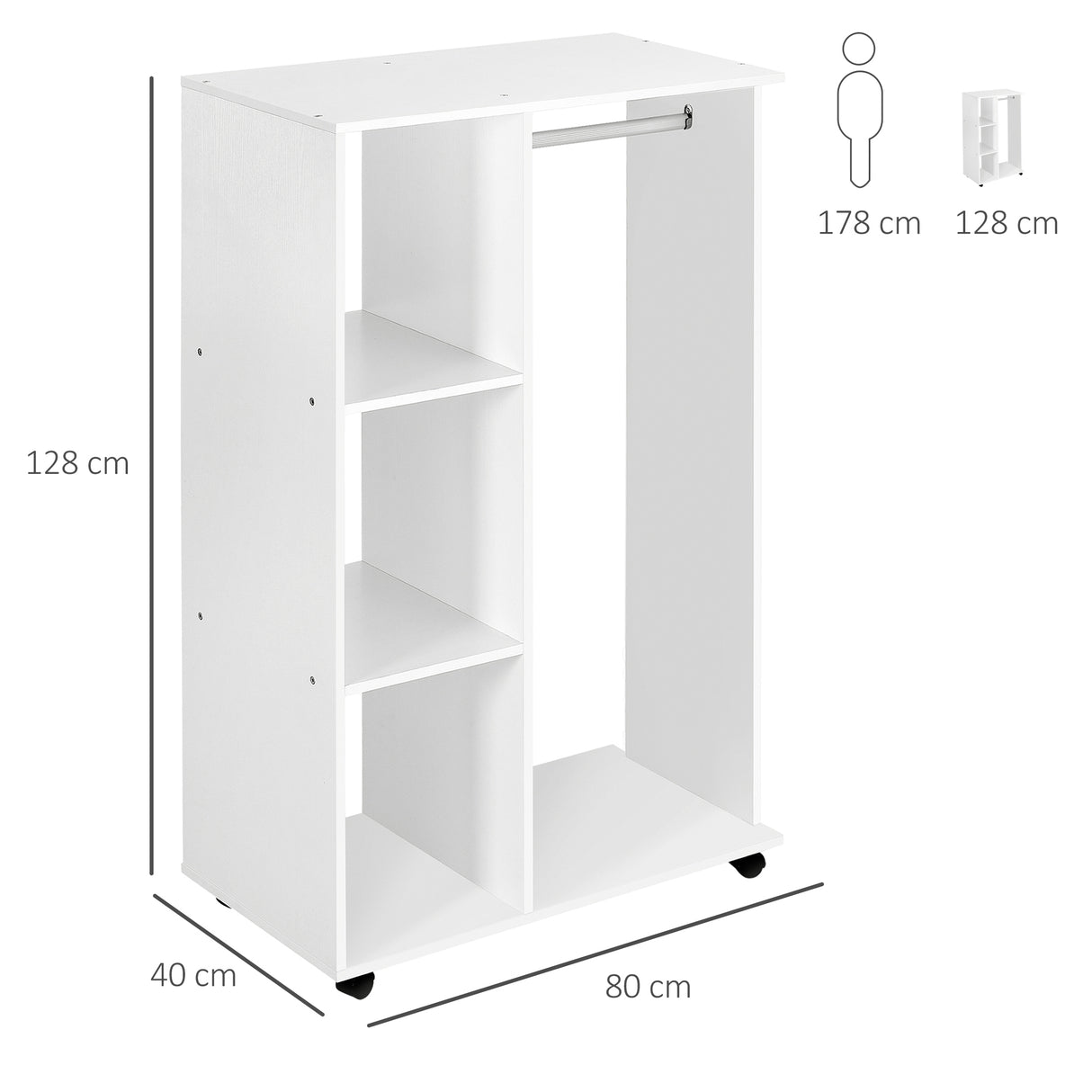 easycomfort easycomforte armadio guardaroba con ruote in legno bianco 80x40x128cm