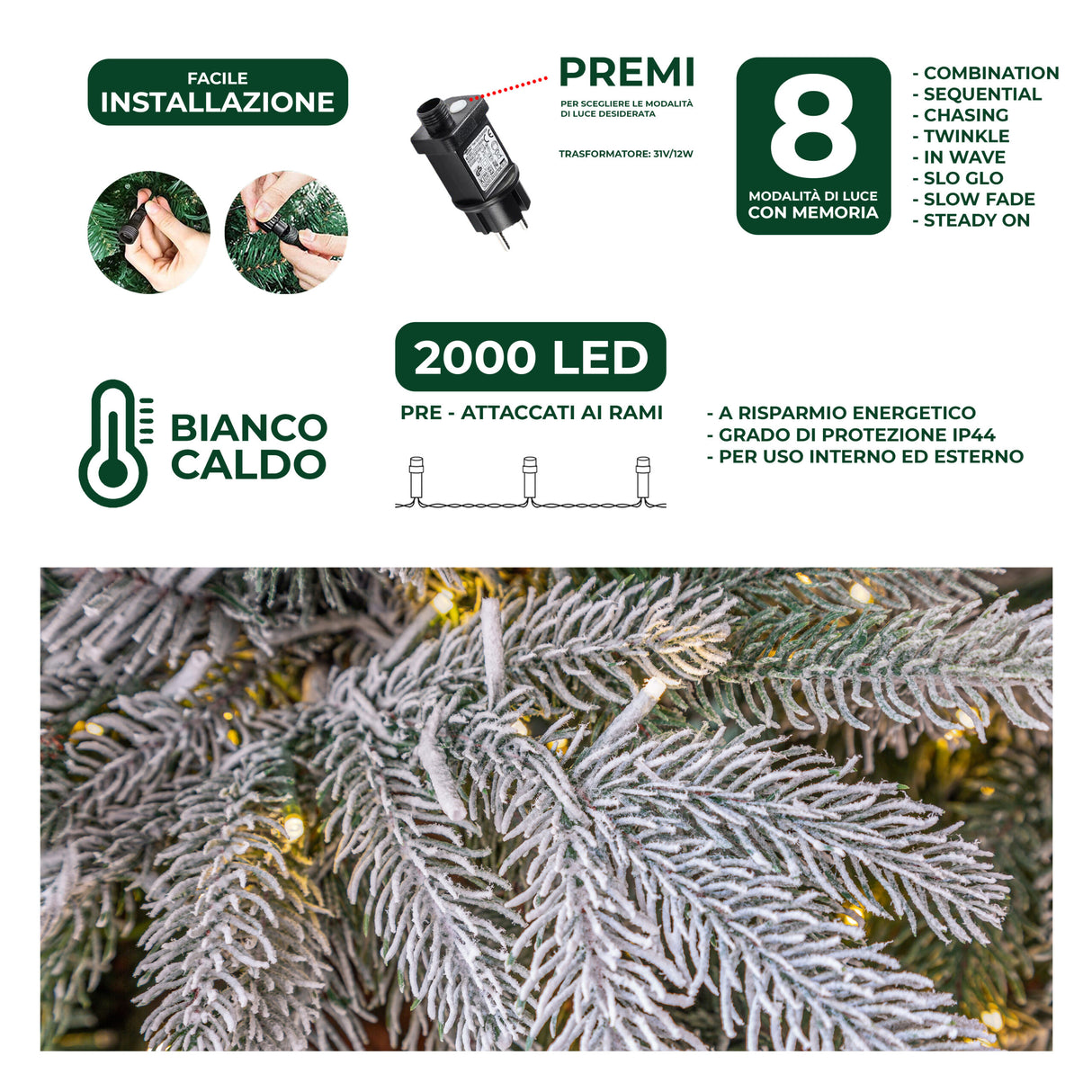 le stelle albero di natale pino verde innevato h 180cm x l 130cm super folto effetto real touch con 2000 luci led incorporate e base croce in ferro pieghevole
