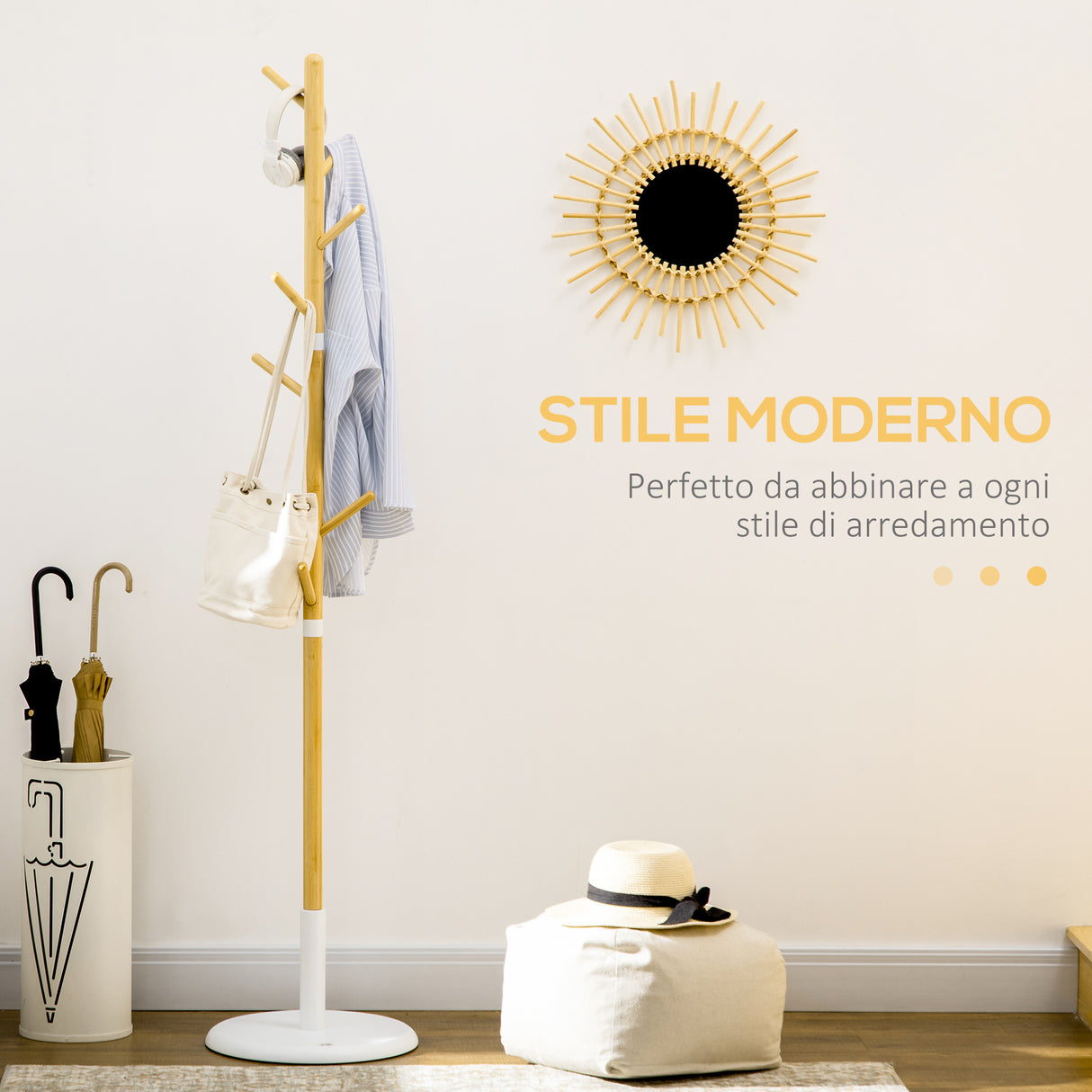 easycomfort easycomfort albero appendiabiti a 8 ganci con base rotonda in bambu legno e metallo 37 8x175 6 cm color legno e bianco