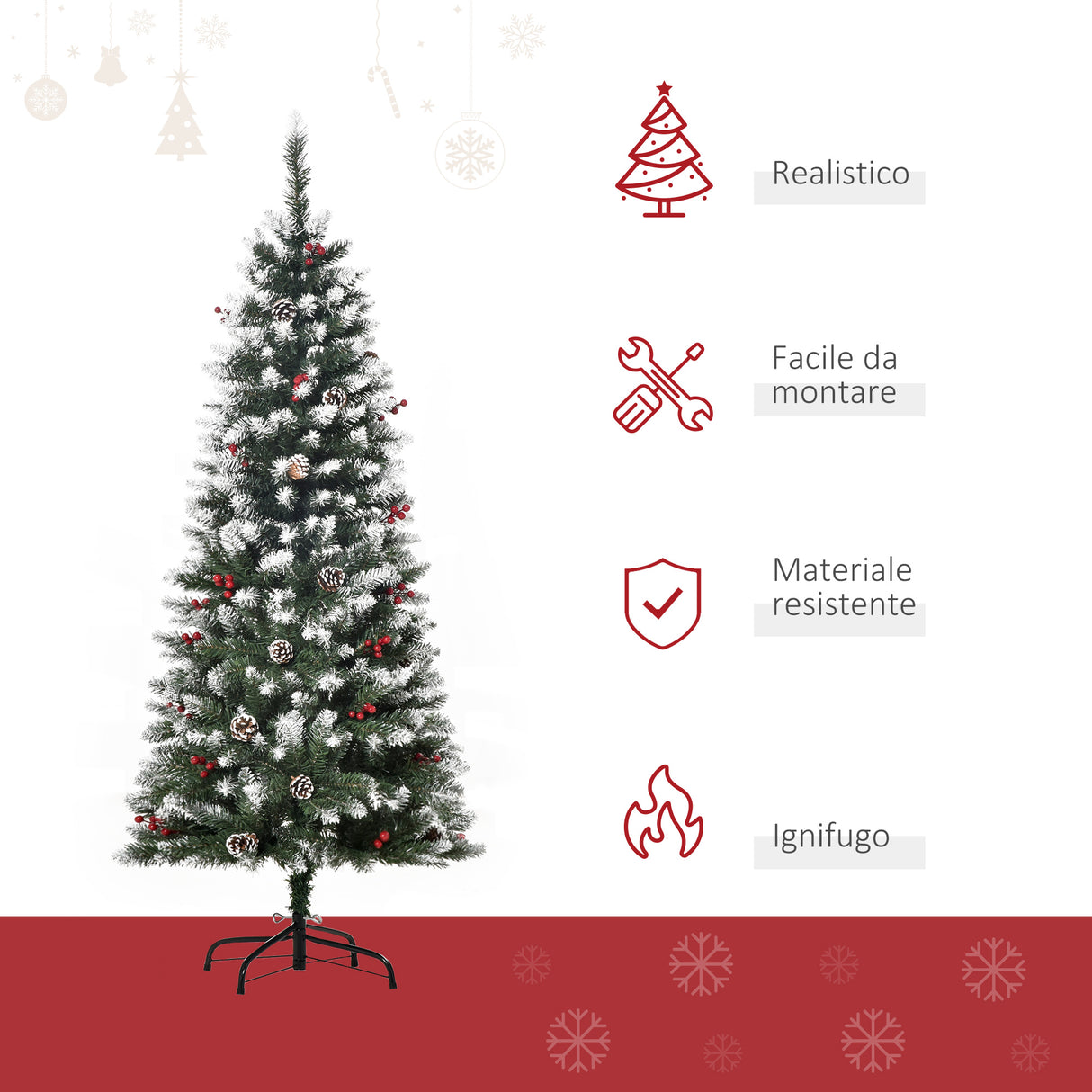 easycomfort easycomfort albero di natale innevato artificiale 150cm con bacche rosse e pigne bianche base rimovibile pieghevole 408 rami