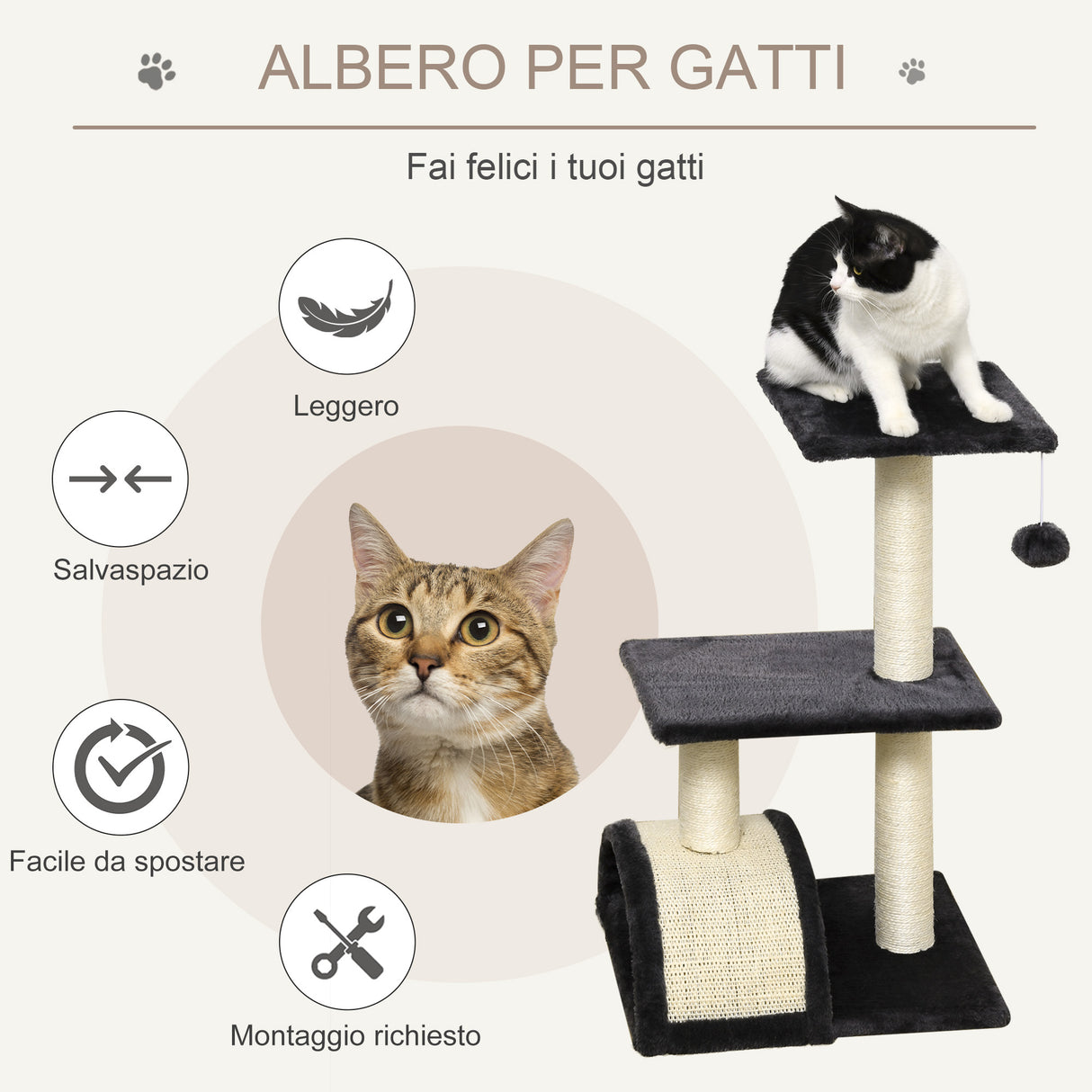 easycomfort easycomfort albero per gatti a 3 livelli con tappetino tiragraffi ad arco in legno peluche e sisal 40x35x72 cm grigio