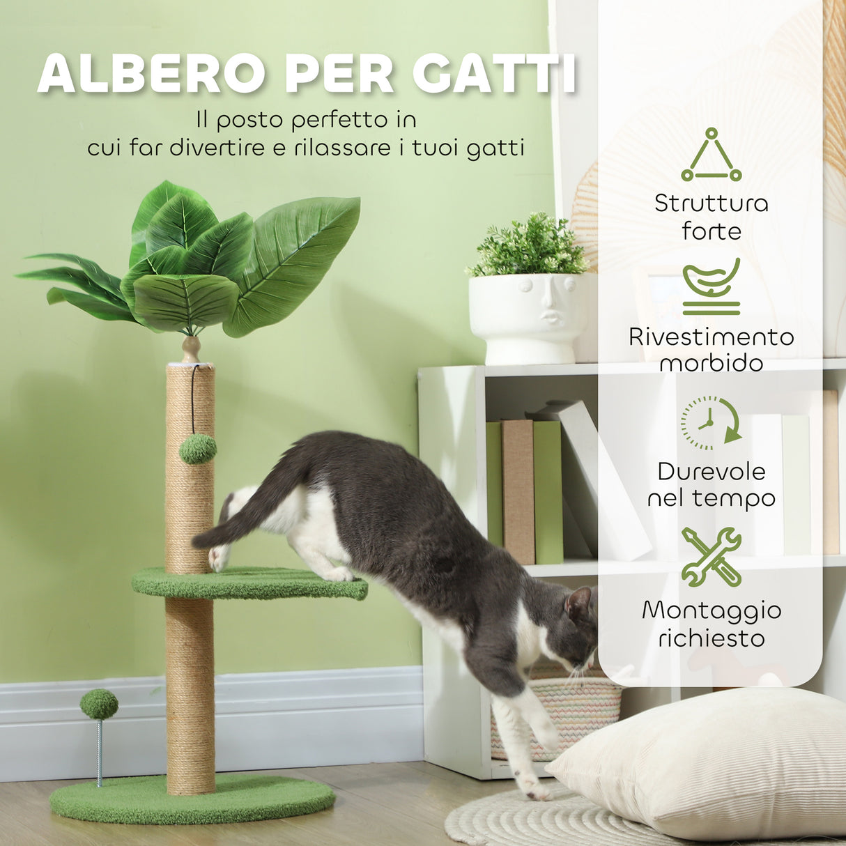 easycomfort easycomfort albero per gatti con palo tiragraffi piattaforme e palline in peluche e truciolato 40x83 cm verde