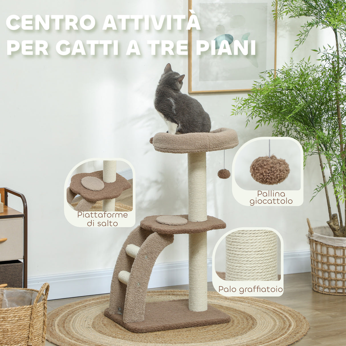 easycomfort easycomfort albero tiragraffi a 3 livelli con trespolo superiore e pallina giocattolo 48x40x88 cm bianco e marrone