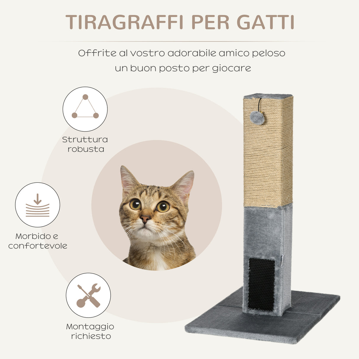 easycomfort easycomfort albero tiragraffi per gatti con 2 palline giocattolo e spazzola in legno iuta e peluche 59 5x39x79 cm grigio