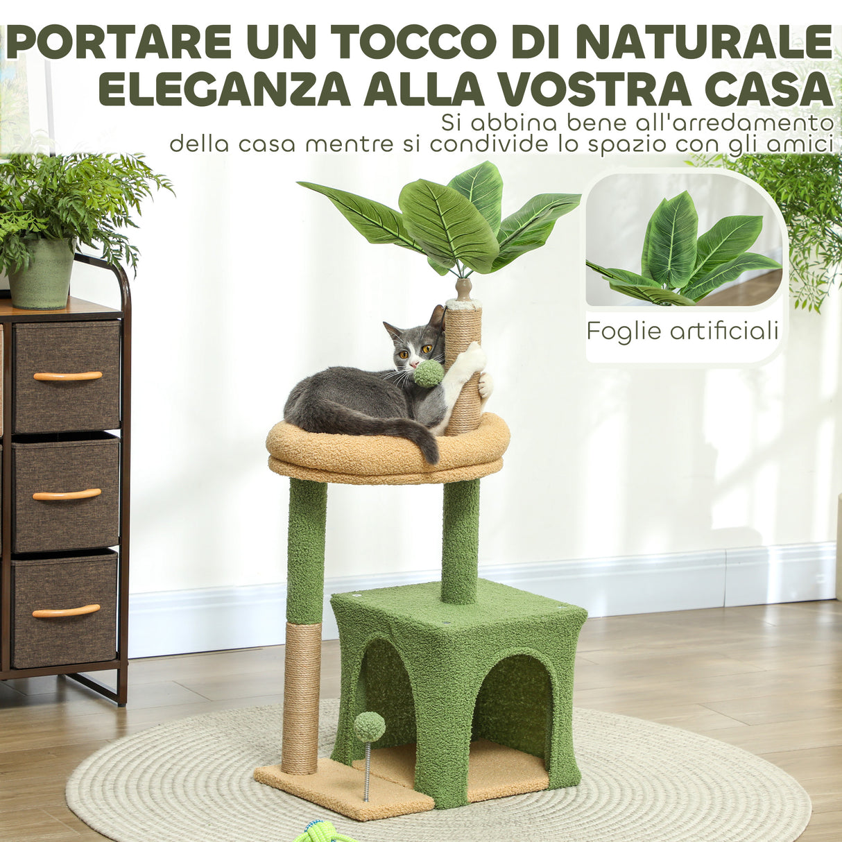 easycomfort easycomfort albero tiragraffi per gatti con casetta lettino e 2 palline in legno e poliestere 44x30x98 cm verde e marrone