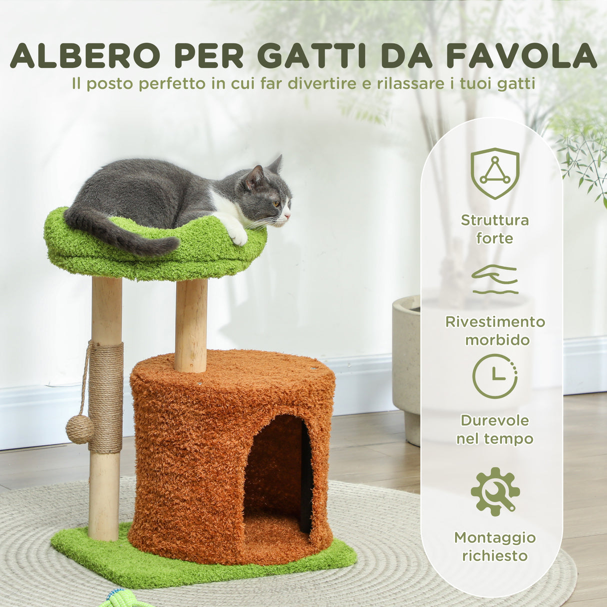 easycomfort easycomfort albero tiragraffi per gatti con casetta lettino e pallina giocattolo in legno e peluche 44x33x61 cm verde