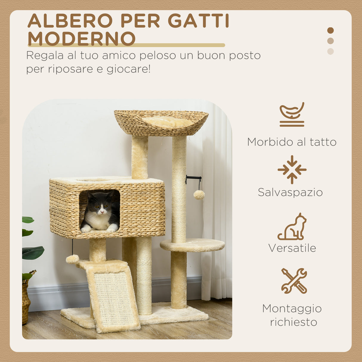 easycomfort easycomfort albero tiragraffi per gatti con casetta trespolo e pallina in legno e poliestere 60x40x95 cm marrone e beige