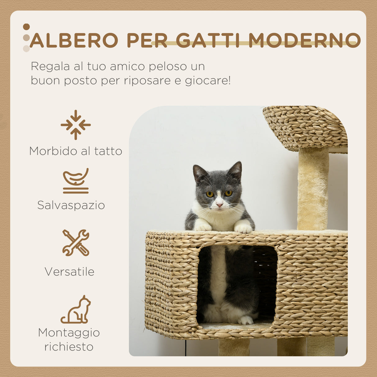 easycomfort easycomfort albero tiragraffi per gatti con casetta trespolo e pallina in legno e poliestere 60x40x98 cm marrone e beige