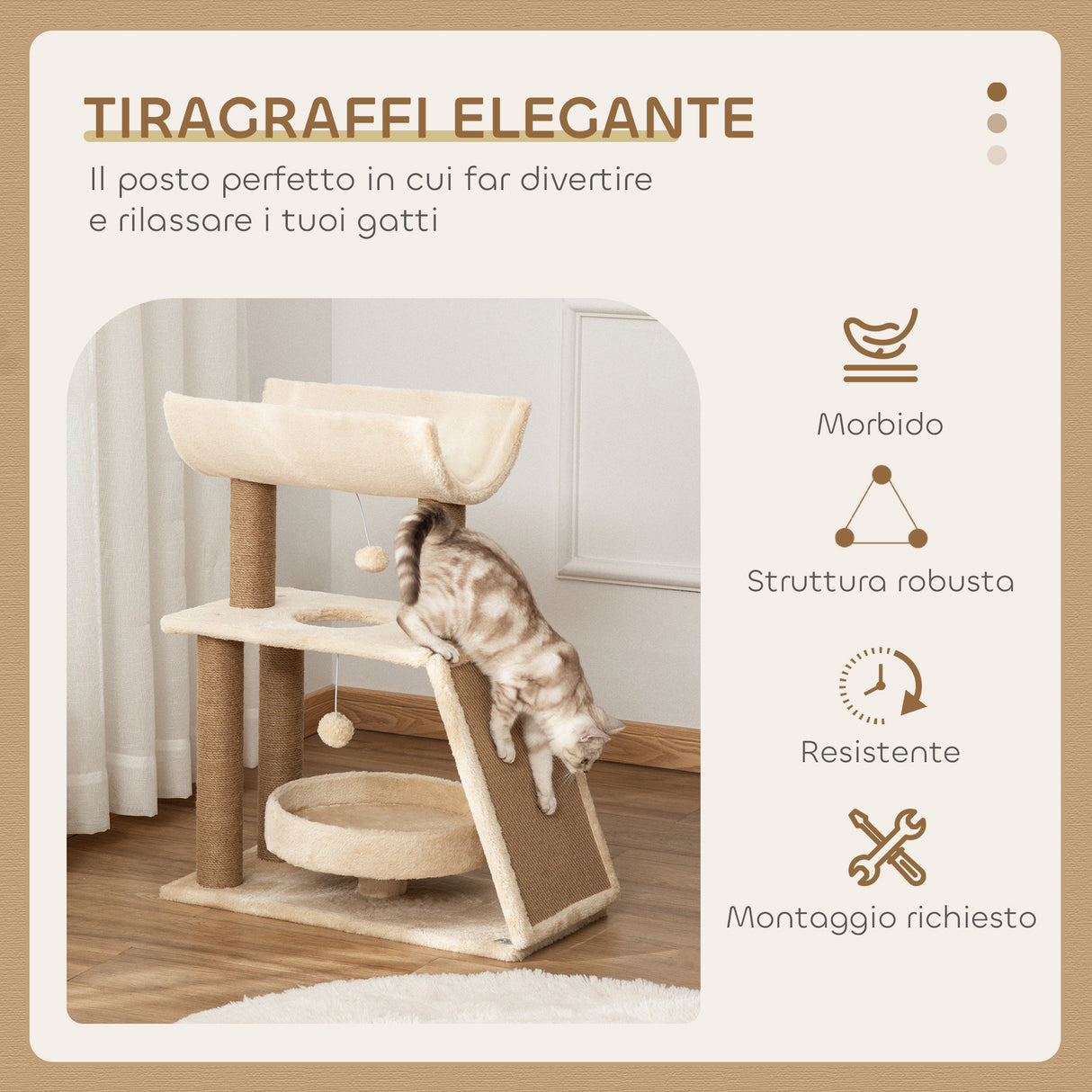 easycomfort easycomfort albero tiragraffi per gatti con lettino cuccia e tappetino in legno peluche e sisal 60x30x76 cm marrone chiaro