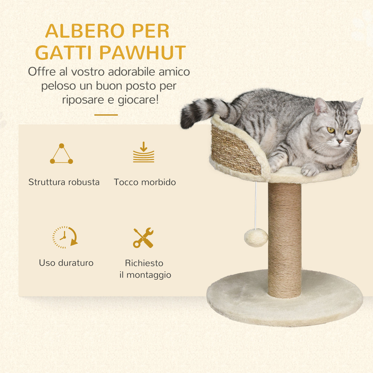easycomfort easycomfort albero tiragraffi per gatti con lettino palo in juta e pallina appesa 40x40x49cm beige
