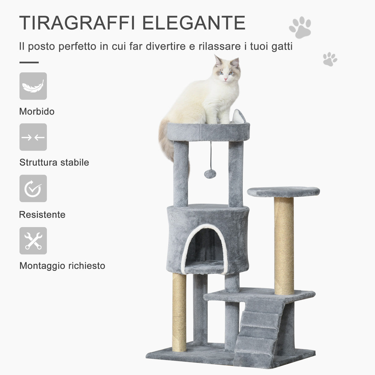 easycomfort easycomfort albero tiragraffi per gatti con trespolo casetta rampa e pallina in legno e peluche 60x40x100 cm grigio chiaro
