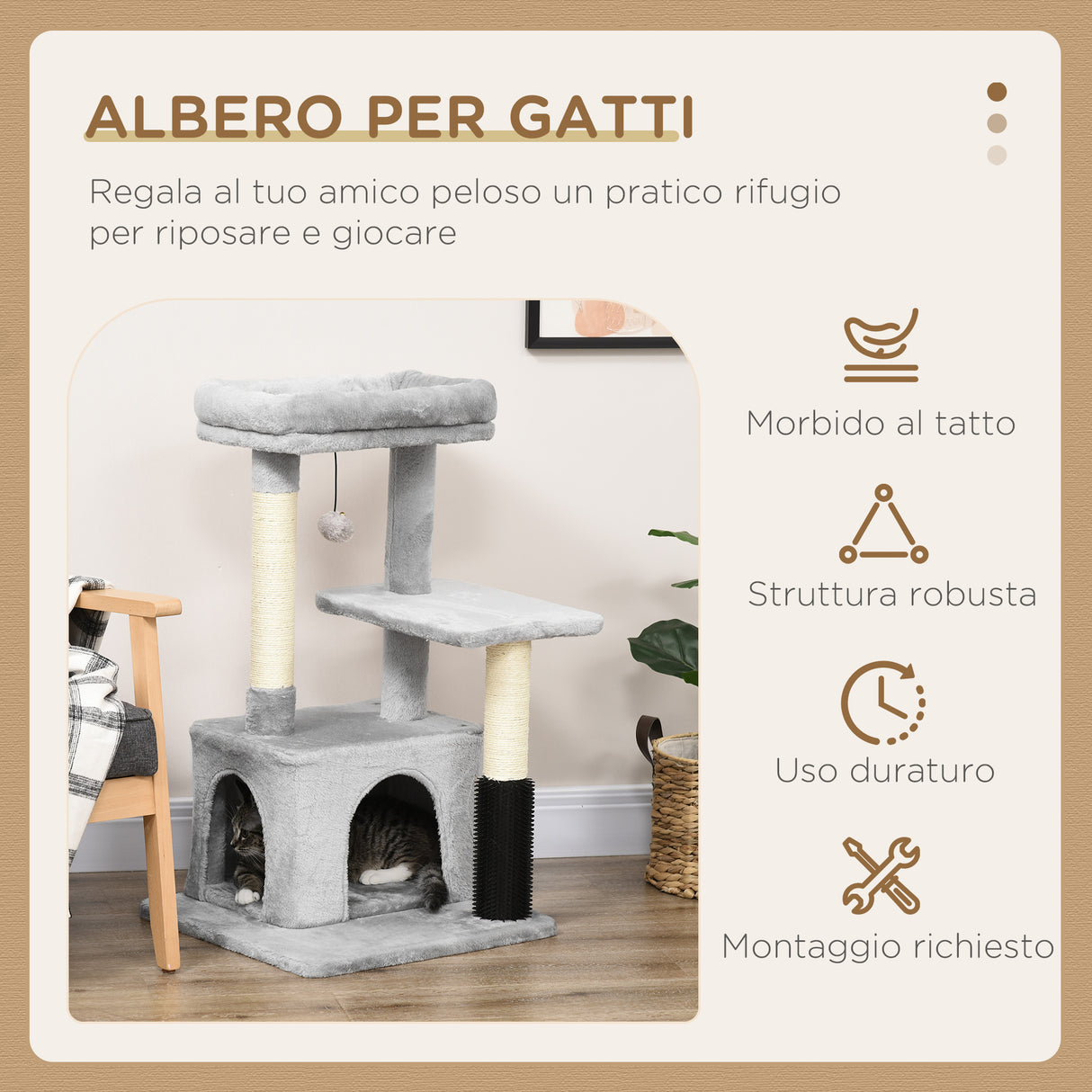 easycomfort easycomfort albero tiragraffi per gatti multilivello con lettino e casetta rivestimento in peluche grigio