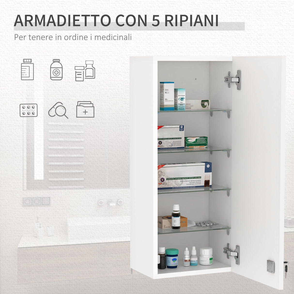 easycomfort easycomfort armadietto medicinali a muro con serratura 5 ripiani e mensole regolabili in legno e vetro bianco 30x20x70cm