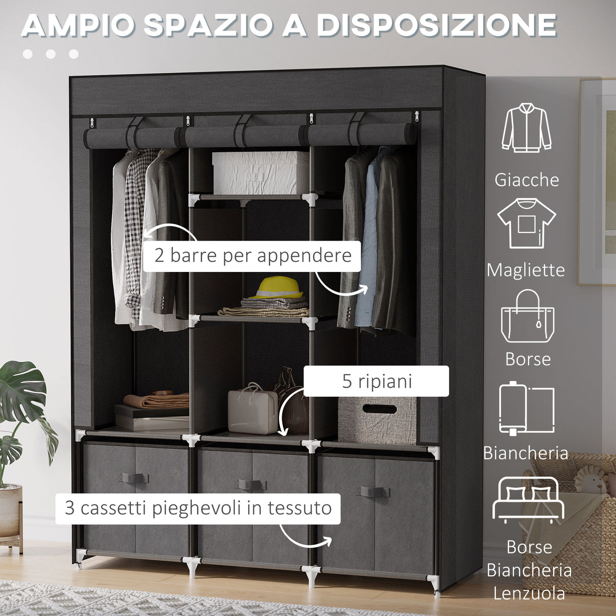 easycomfort easycomfort armadio in tessuto pieghevole con cassetti e ante avvolgibili con zip 125x43x162 5cm grigio scuro