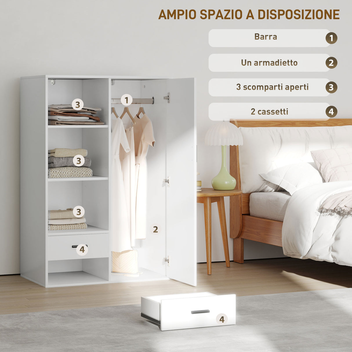 easycomfort easycomfort armadio moderno con 2 cassetti ripiani aperti e vano appendiabiti 80x50x124 cm bianco