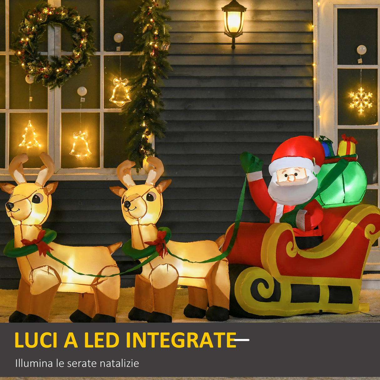 easycomfort easycomfort babbo natale gonfiabile con slitta e 2 renne addobbi di natale in tessuto poliestere impermeabile con luci a led 240x57x112cm