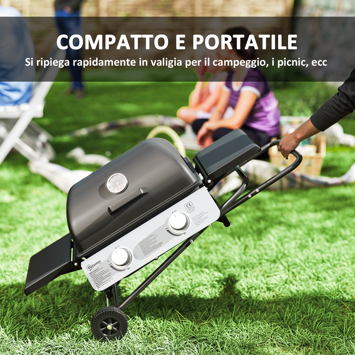 easycomfort easycomfort barbecue a gas portatile con 2 bruciatori e 2 tavolini coperchio con termometro e ruote nero