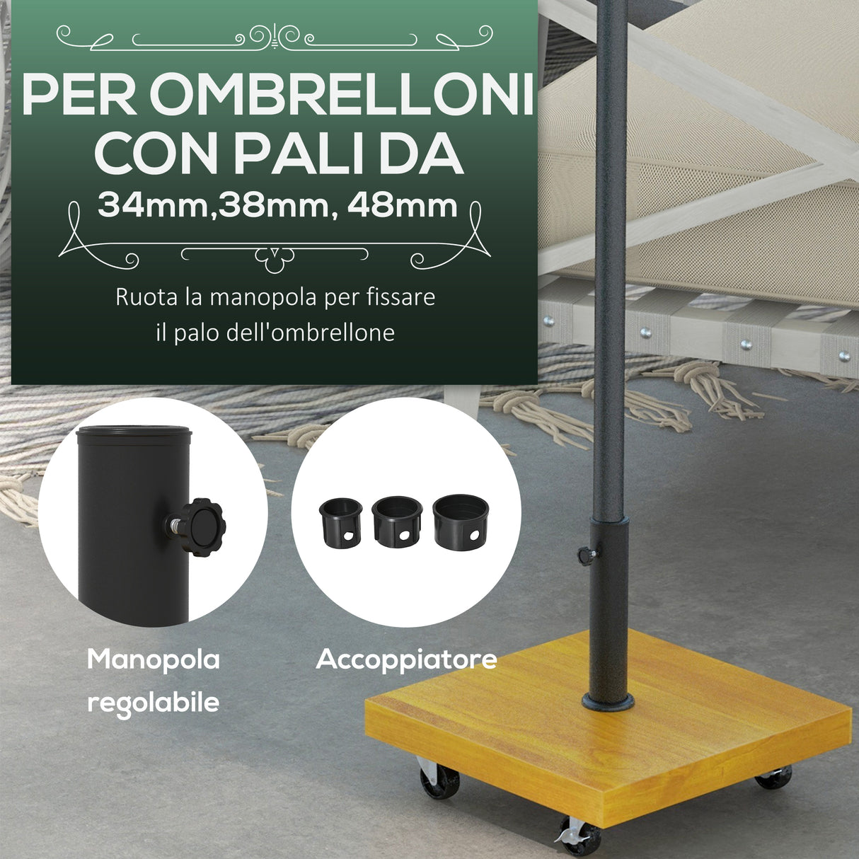 easycomfort easycomfort base per ombrellone da 25kg in metallo e cemento con ruote ed effetto legno 45x45x36 5cm giallo