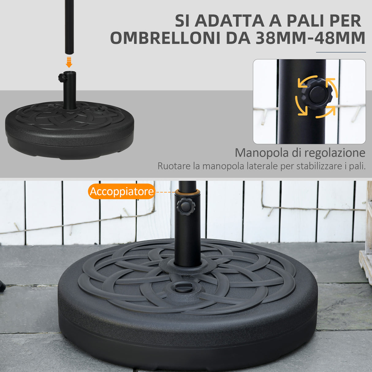 easycomfort easycomfort base per ombrellone rotonda in plastica riempibile con acqua e sabbia per pali da 38 48 mm 56 cm nero