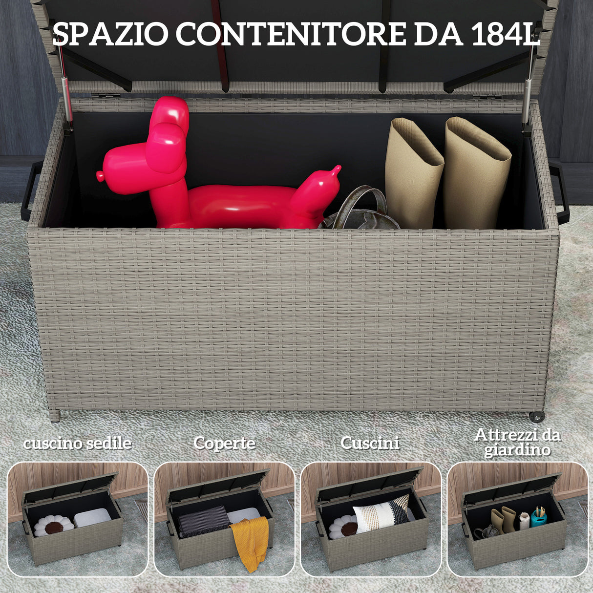 easycomfort easycomfort baule da esterno da 184l in rattan pe con ruote e rivestimento interno impermeabile 102x52x52 cm grigio