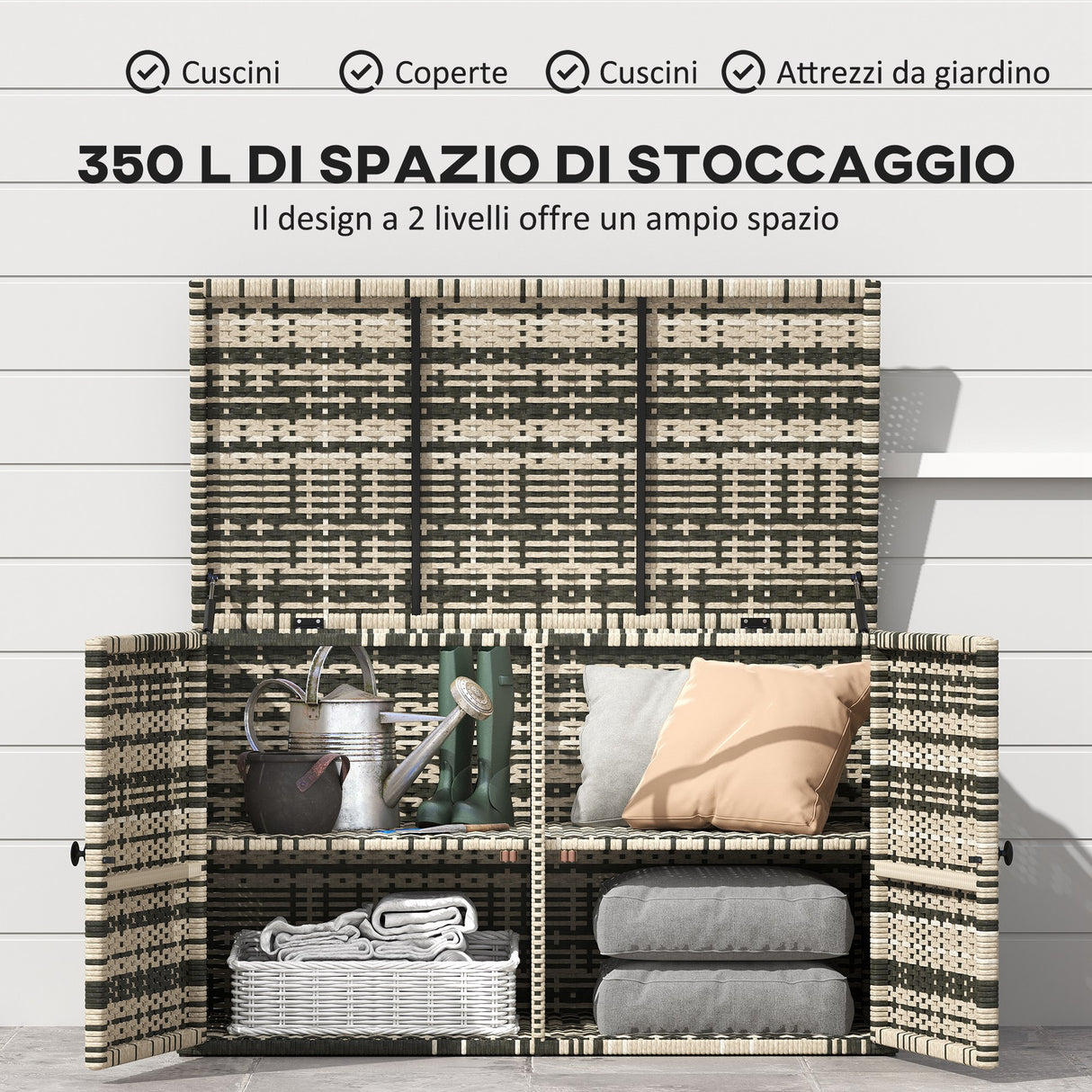 easycomfort easycomfort baule da esterno da 350l a 2 livelli con pistoni a gas rattan pe e acciaio 118x57x69 cm grigio