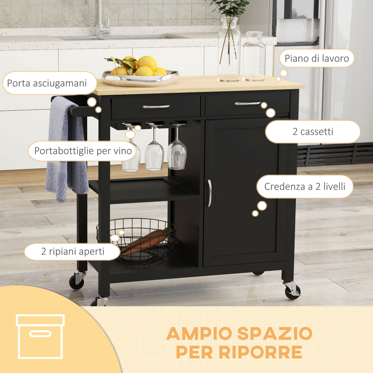easycomfort easycomfort carrello cucina classico con cassetti ruote e armadietto 2 ante salvaspazio 89x40x84cm nero