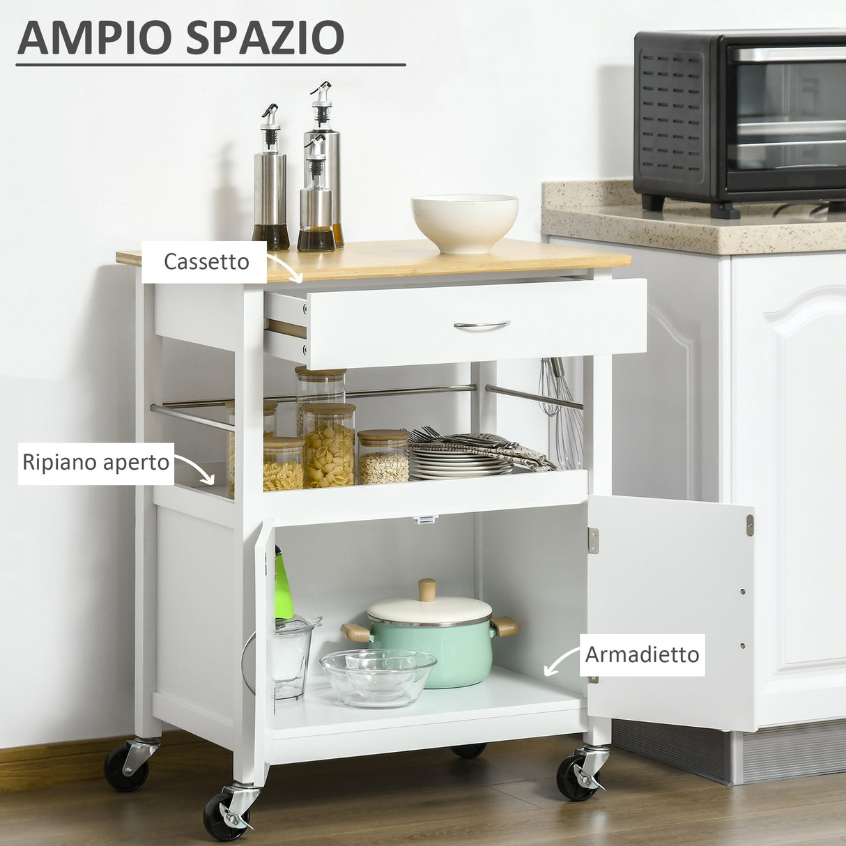 easycomfort easycomfort carrello cucina con cassetto armadietto e scaffale carrellino portavivande con piano in bambu e 4 ruote bianco