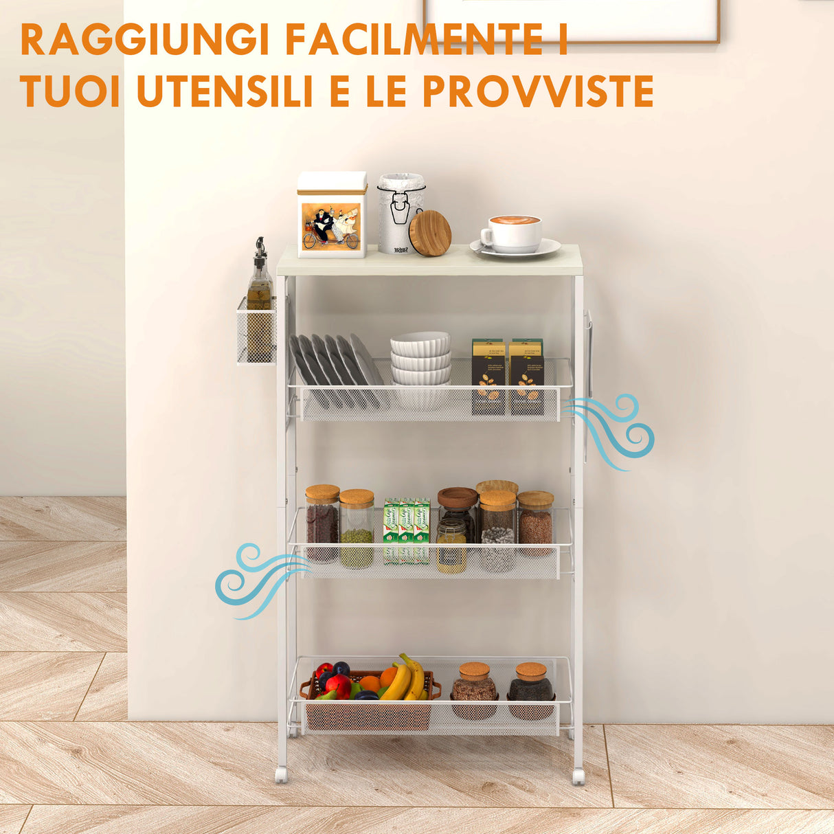 easycomfort easycomfort carrello da cucina a 3 livelli con cestino laterale e gancio in truciolato e acciaio 58x18 5x87 cm