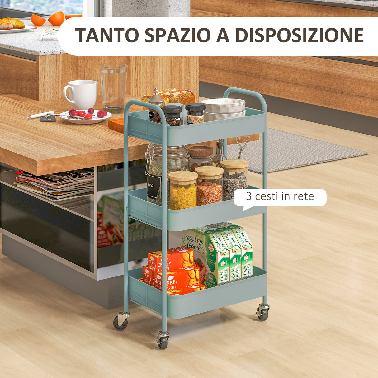 easycomfort easycomfort carrello da cucina a 3 livelli con maniglie e 4 rotelle in acciaio 45x30 6x79 cm azzurro